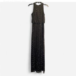 Adrianna Papell Black Beaded Maxi Evening Wedding Guest Prom Formal Dress